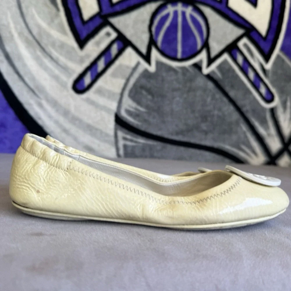 Size 6.5m - Tory Burch Flats Reva Metallic Gold Tumbled Leather Ballerina Shoes